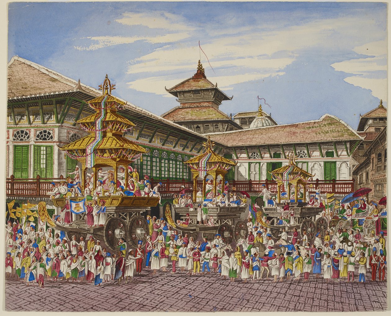 T leánykori utazás. Tri Temple Cars Outside T Hanuman Dhoka, Katmandu (Black Litho) alkotó: Dr. Henry Ambrose Oldfield