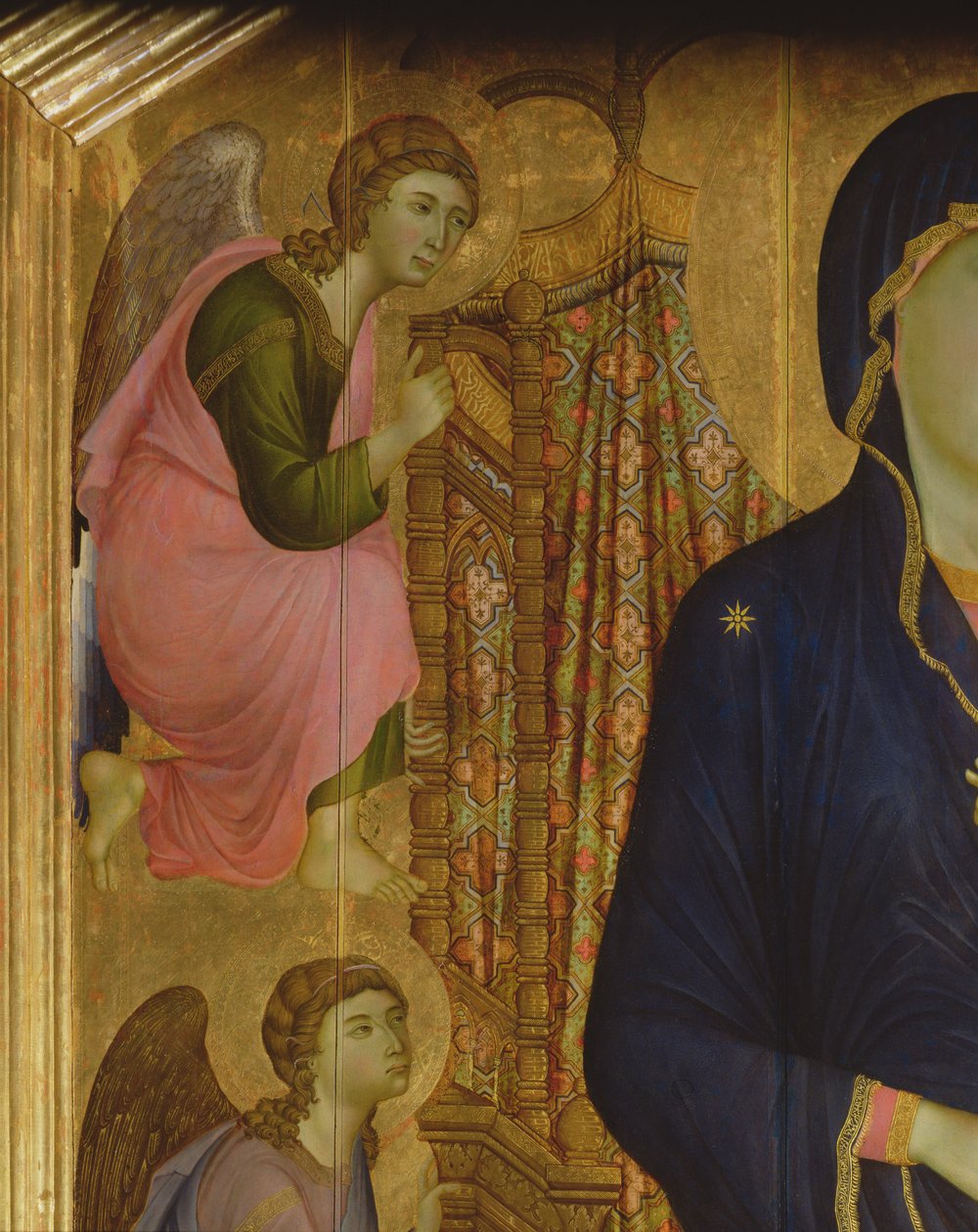 Madonna és gyermek Rucellai Madonna: egy angyal részlete, 1285 tempera az 50348 panel részletén alkotó: Duccio di Buoninsegna