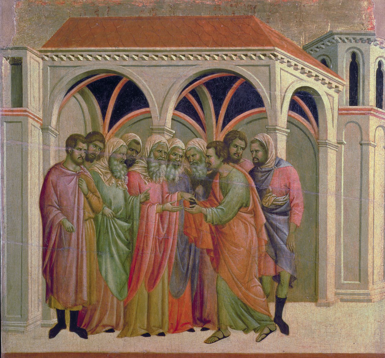 Maesta: Júdás harminc ezüstöt kap, 1308-11 alkotó: Duccio di Buoninsegna