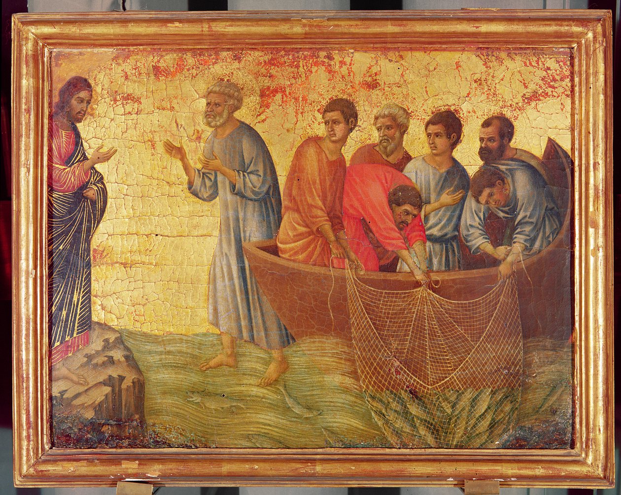 A Tiberiade-tavi jelenés, Krisztus feltámadása utáni történetéből, a Maesta oltárkép verzója, 1311-ben készült (tempera a panelen) alkotó: Duccio di Buoninsegna