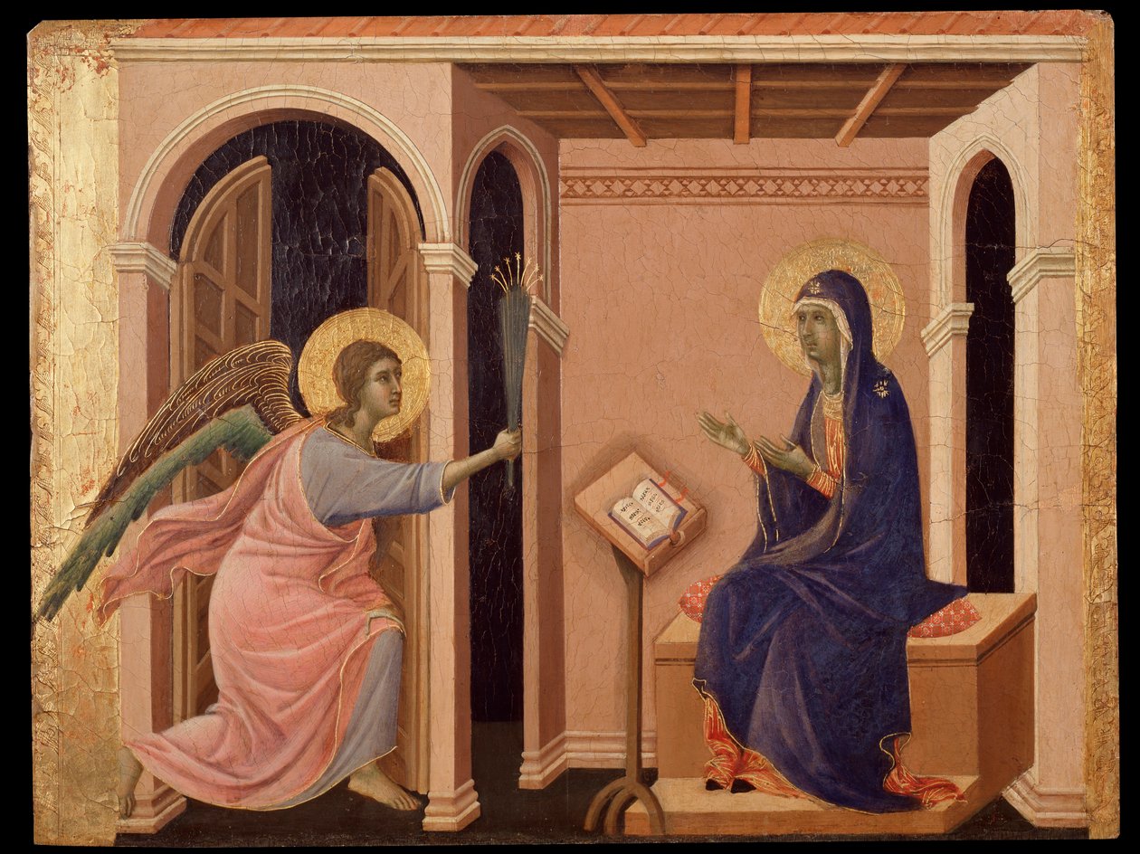 Mária halálának bejelentése. A Maesta Predella (tempera fán alkotó: Duccio di Buoninsegna