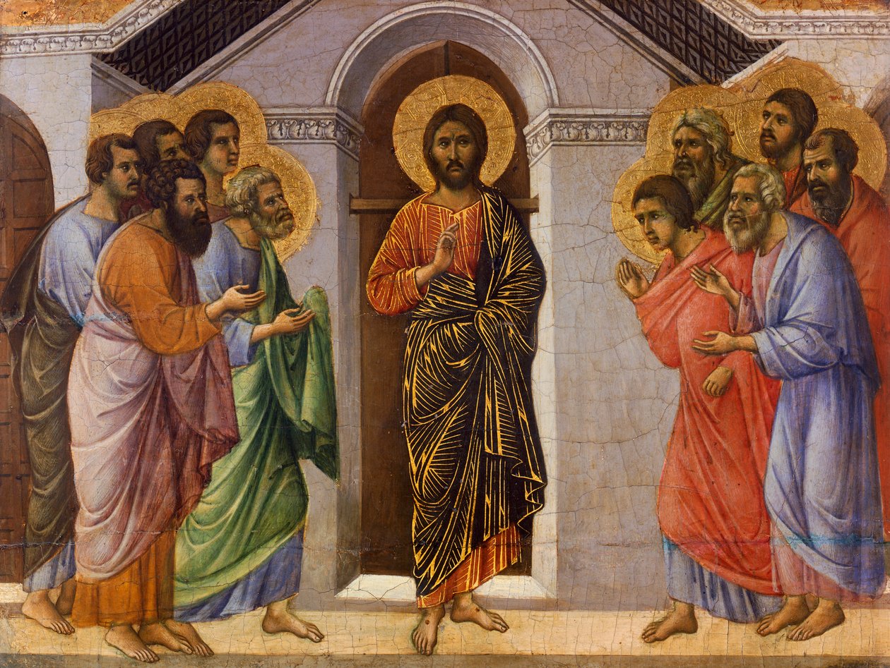 Krisztus megjelenik az apostoloknak zárt ajtók mögött, részlet Krisztus szenvedésének és feltámadásának epizódjaiból, a Sienai katedrálisban található Duccio-oltár Maesta