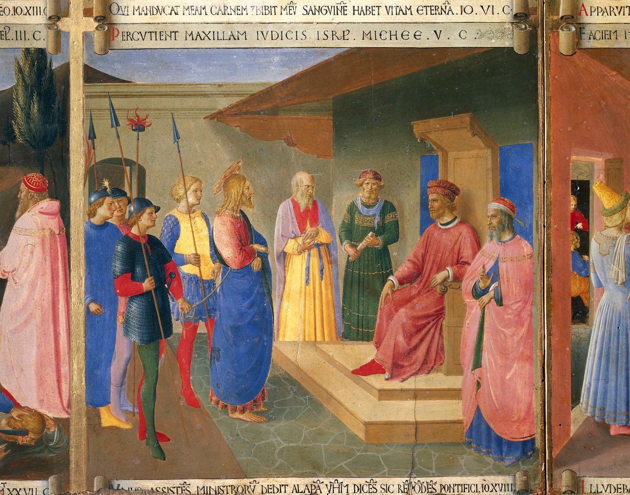 Krisztus Kaifás előtt, részlet Krisztus szenvedésének és feltámadásának epizódjaiból, a sienai katedrálisban található Duccio-oltár Maesta