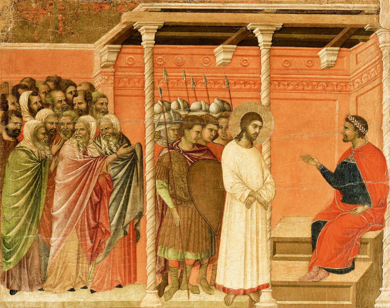 Krisztus Pilátus előtt, a Krisztus szenvedésének és feltámadásának epizódjaiból készült csempe részlete, a Sienai katedrálisban található Duccio-oltár Maesta