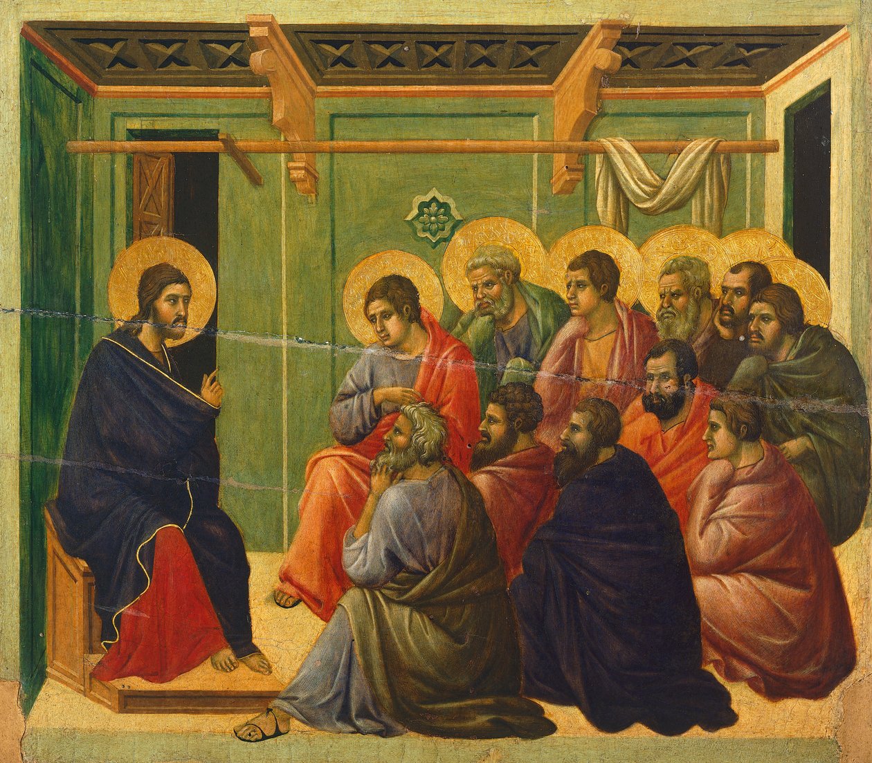 Krisztus el van választva az apostoloktól, részlet a Krisztus szenvedésének és feltámadásának epizódjaiból, a Sienai katedrálisban található Duccio Maesta