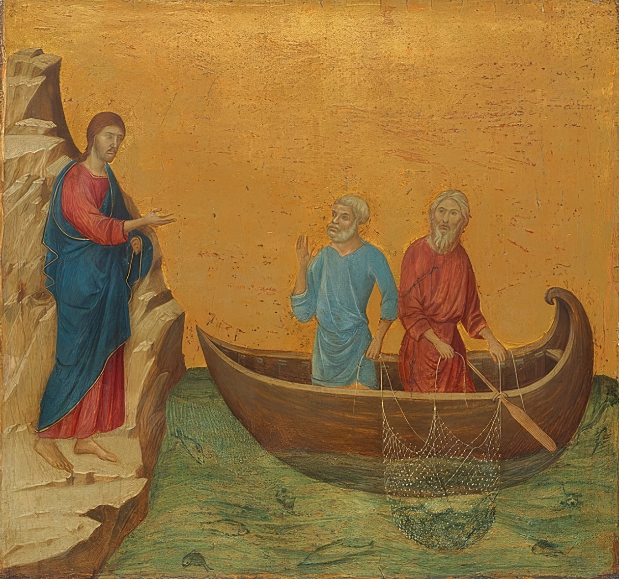 A csodálatos horgásztúra és Péter és András apostolok elhívása. 1308-11 alkotó: Duccio di Buoninsegna