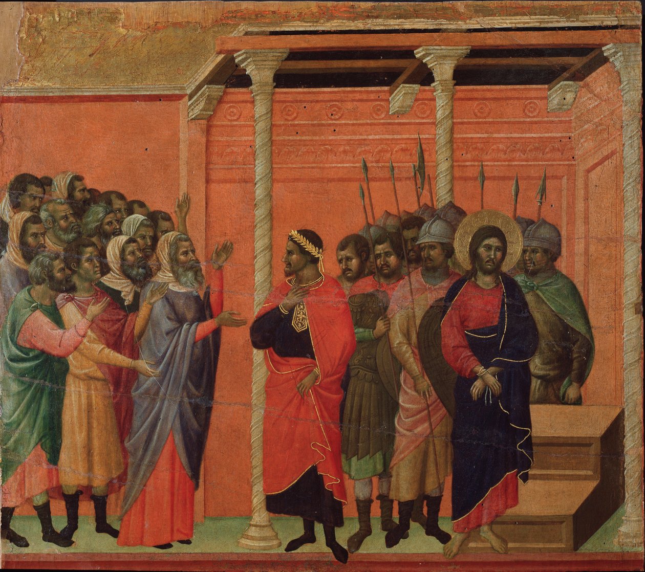 Jézust a farizeusok vádolják. Maesta oltárkép (tempera és arany fán alkotó: Duccio di Buoninsegna