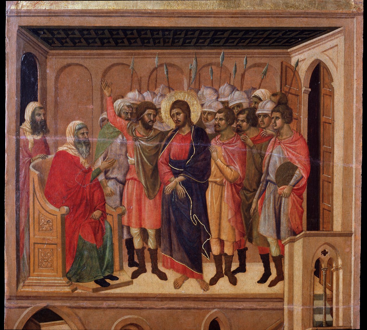 Jézus Annas előtt. Maesta oltárkép (tempera és arany fán alkotó: Duccio di Buoninsegna