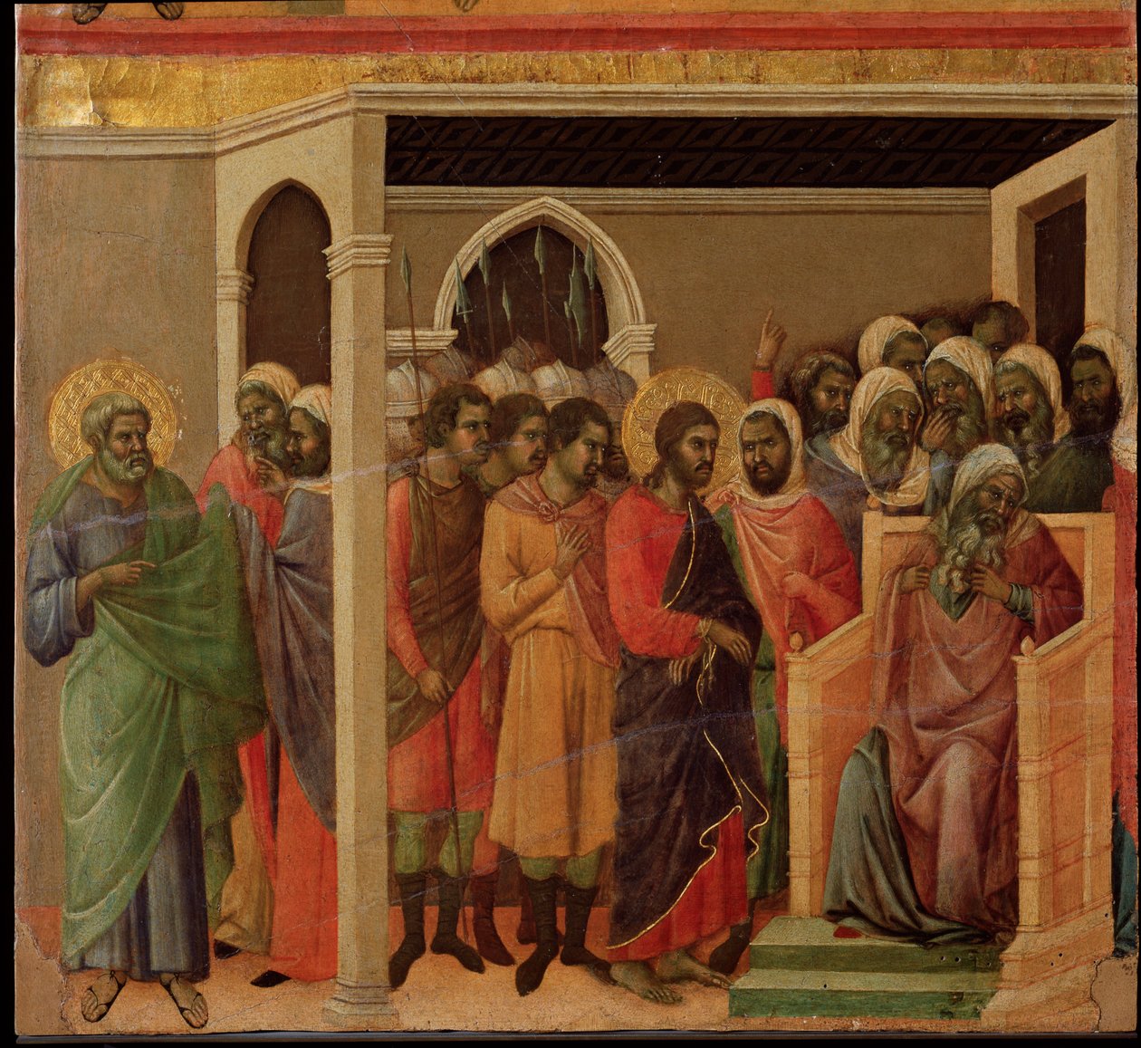 Jézus Kajafás előtt. Maesta oltárkép (tempera és arany fán alkotó: Duccio di Buoninsegna