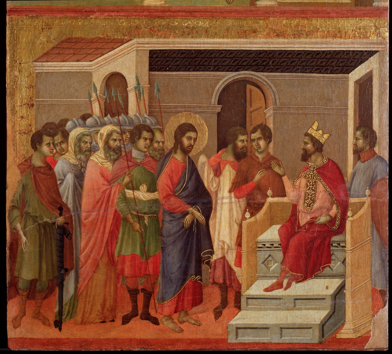 Jézus Heródes előtt. Maesta oltárkép (tempera és arany fán alkotó: Duccio di Buoninsegna