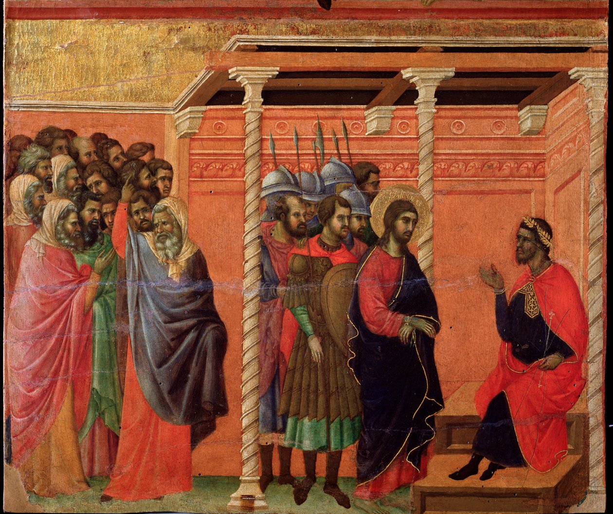 Jézus Poncius Pilátus előtt. Maesta oltárkép (tempera és arany fán alkotó: Duccio di Buoninsegna