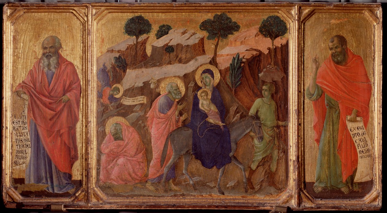 Krisztus élete: Repülés Egyiptomba Jeremiás és Hóseás prófétákkal. A Maesta Predella (tempera fán alkotó: Duccio di Buoninsegna