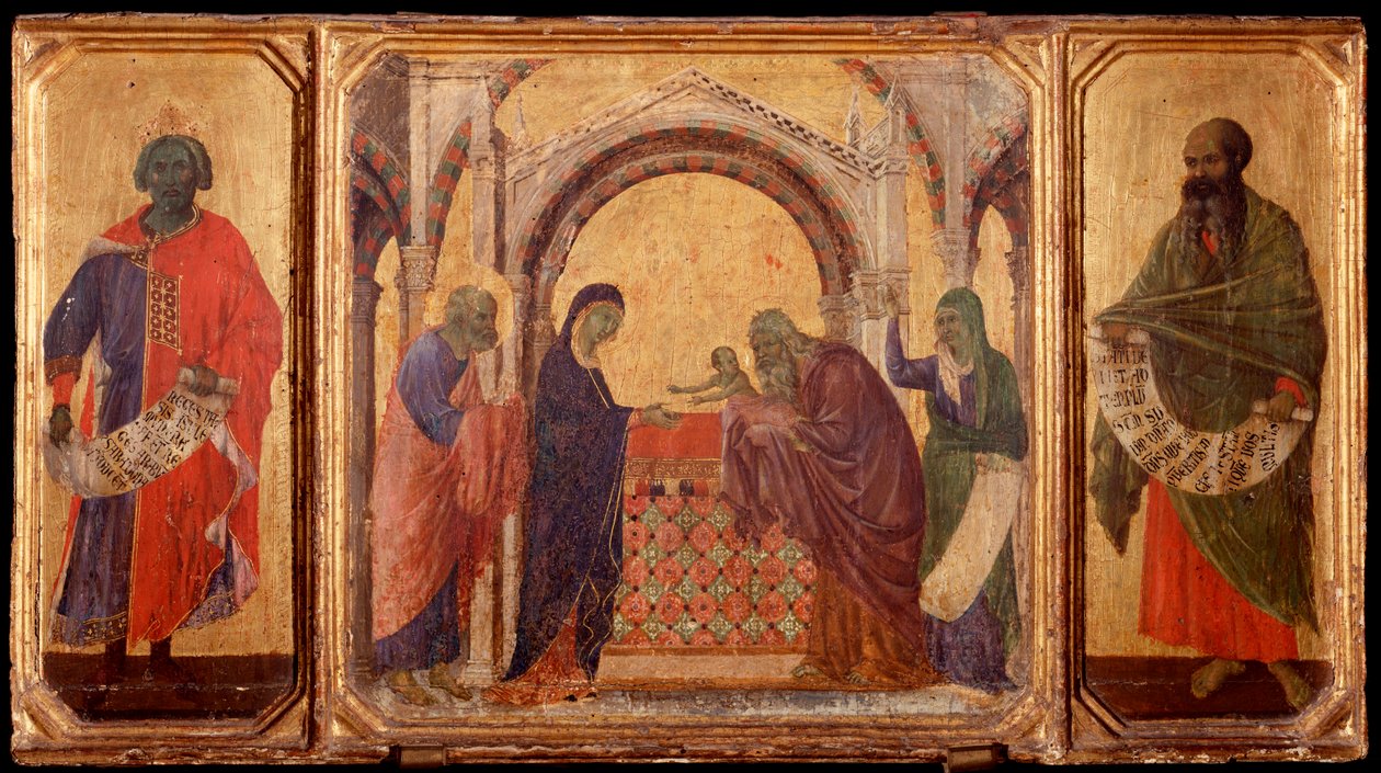 Krisztus élete: Salamon király, bemutató a templomban, Malakiás. Predellla of La Maesta (tempera fán alkotó: Duccio di Buoninsegna