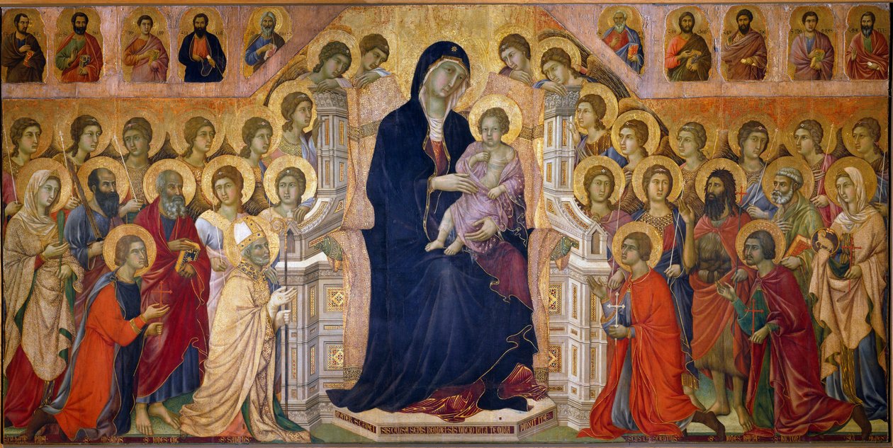 Maesta Madonna gyermekét a trónon a szentek és az angyalok tisztelik. Központi panel. Duccio di Buoninsegna freskója (1255-1319) alkotó: Duccio di Buoninsegna