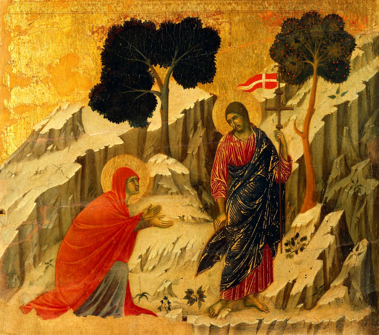 Noli Me Tangere (ne érints meg), a Krisztus szenvedésének és feltámadásának epizódjaiból készült csempe részlete, a Sienai katedrálisban található Duccio-oltár Maesta