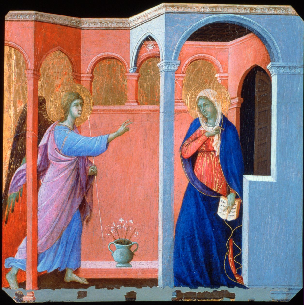 Panel a Maestà oltárképről: Angyali üdvözlet, 1311 alkotó: Duccio di Buoninsegna