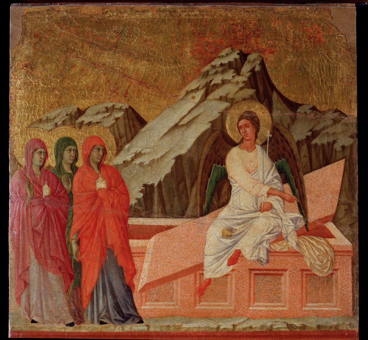 Szenvedély: Máriák a sírnál. Maesta oltárkép (tempera és arany fán alkotó: Duccio di Buoninsegna