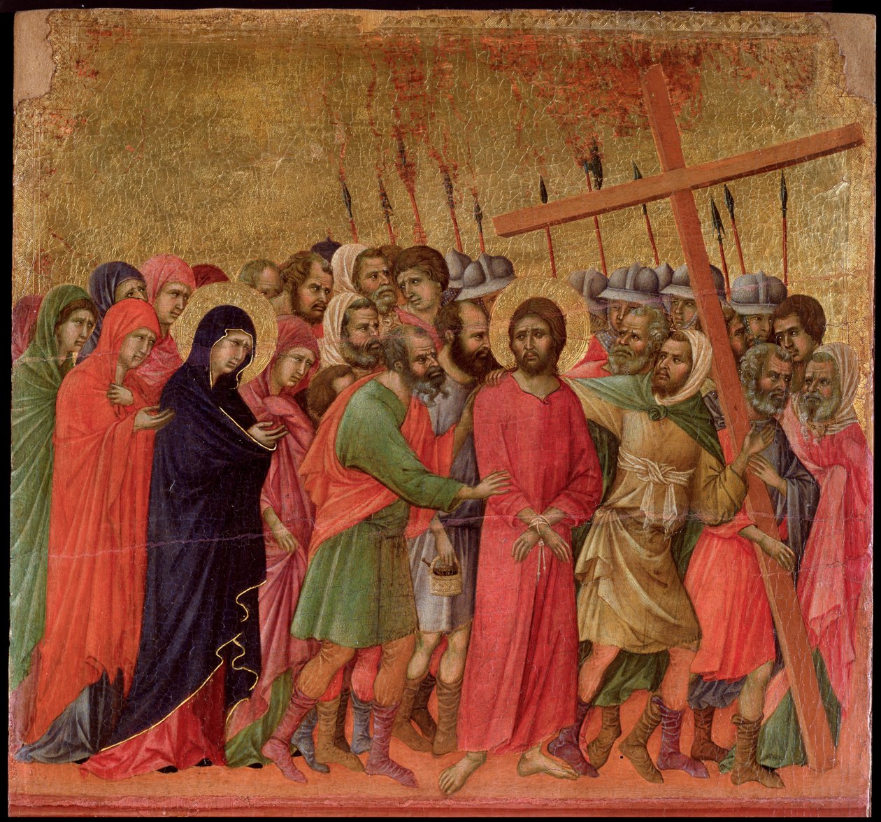 Szenvedély: feljutás a Kálváriára. Maesta oltárkép (tempera és arany fán alkotó: Duccio di Buoninsegna