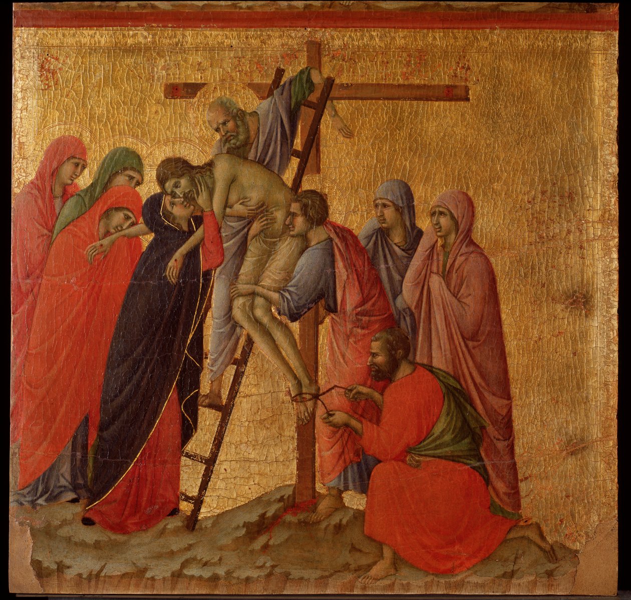 Szenvedély: a lerakódás. Maesta oltárkép (tempera és arany fán alkotó: Duccio di Buoninsegna