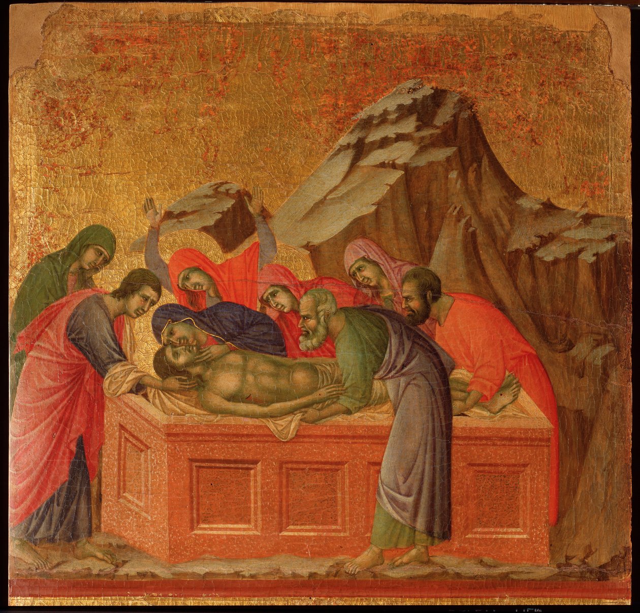 Szenvedély: a temetkezés. Maesta oltárkép (tempera és arany fán alkotó: Duccio di Buoninsegna