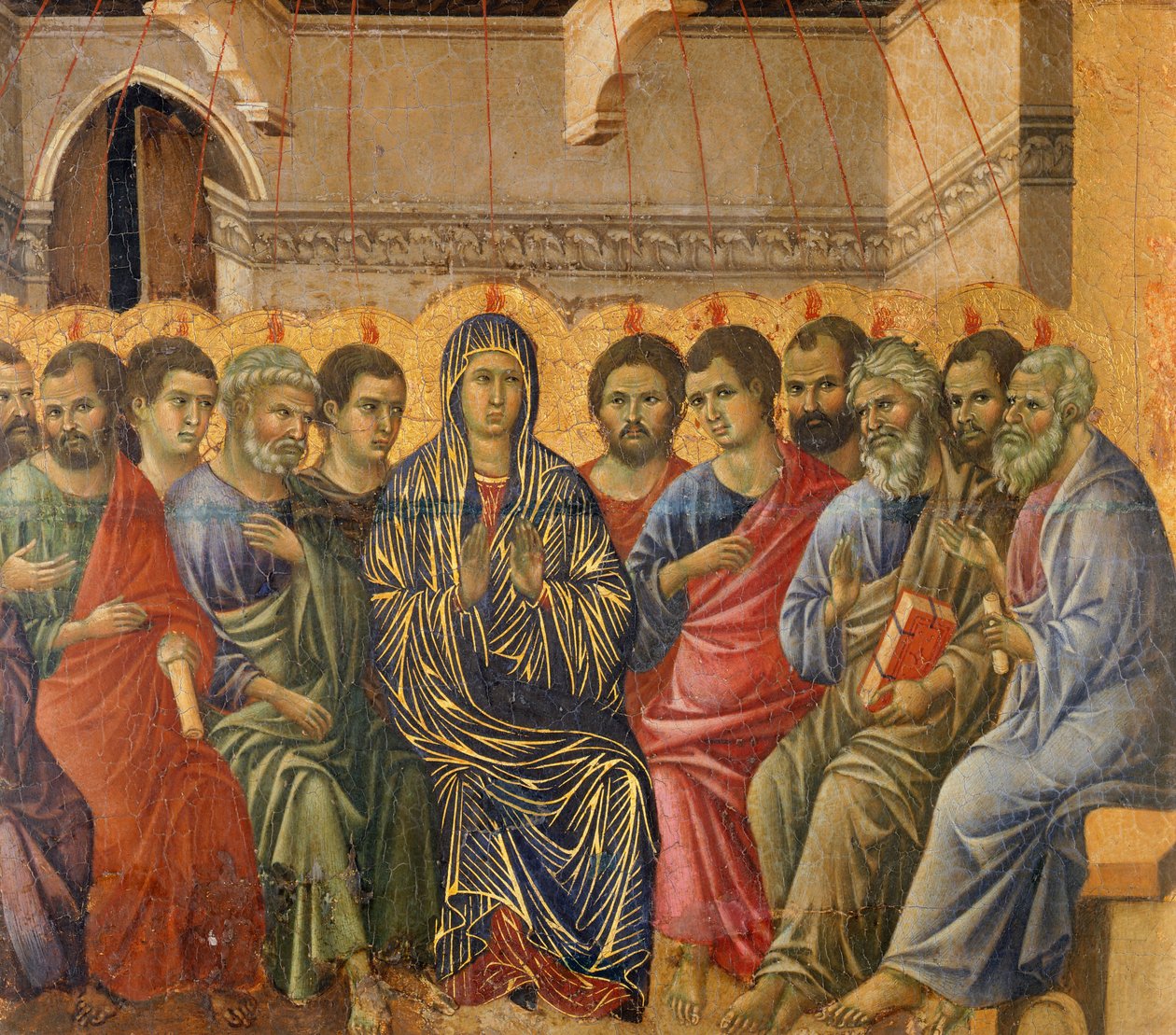 Pünkösd, részlet Krisztus szenvedésének és feltámadásának epizódjaiból, a Sienai katedrálisban található Duccio-oltár Maesta