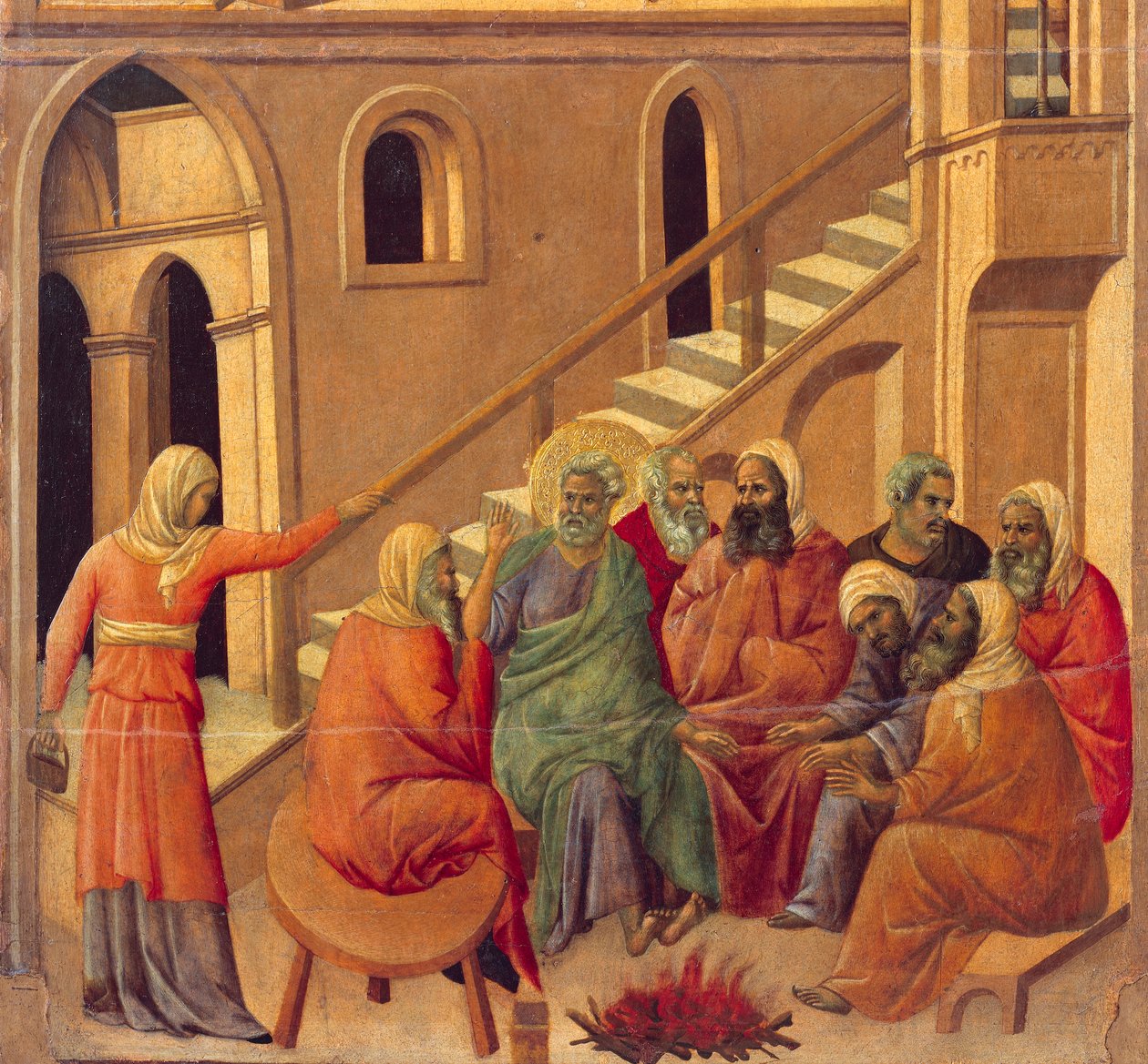 Péter Krisztus tagadása, részlet a Krisztus szenvedésének és feltámadásának epizódjaiból, a Sienai katedrálisban található Duccio-oltár Maesta