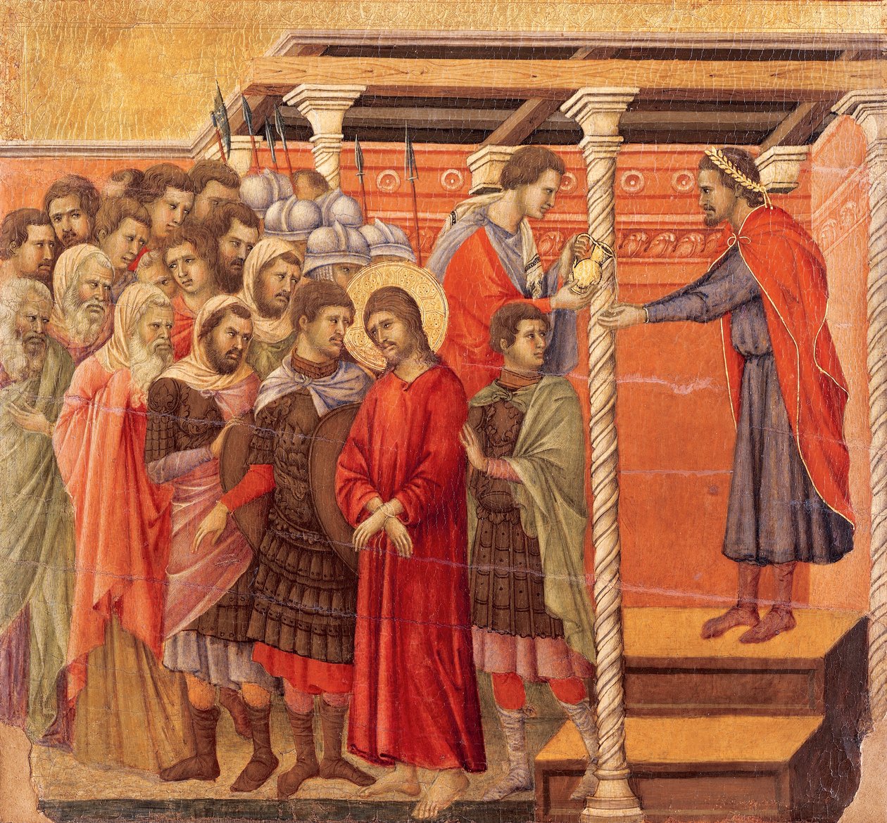 Pilátus kezet mos, részlet Krisztus szenvedésének és feltámadásának epizódjaiból, a Sienai katedrálisban található Duccio-oltár Maesta