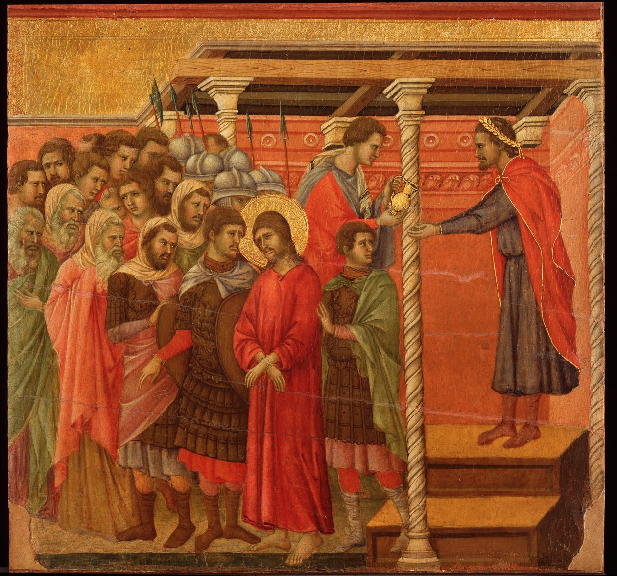 Poncius Pilátus kezet mos. Maesta oltárkép (tempera és arany fán alkotó: Duccio di Buoninsegna