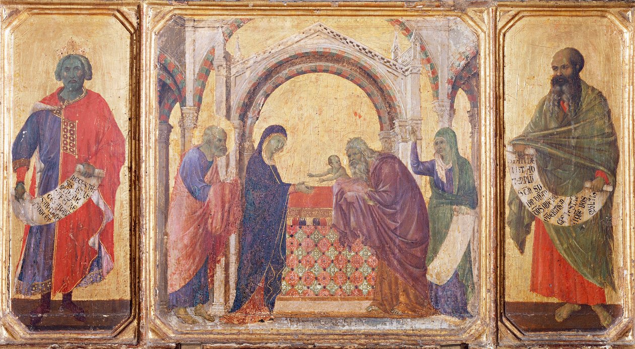 Salamon, bemutató a templomban és Malakiás próféta, részlet a Sienai katedrálisban lévő Duccio Maesta oltárképének predellájából alkotó: Duccio di Buoninsegna