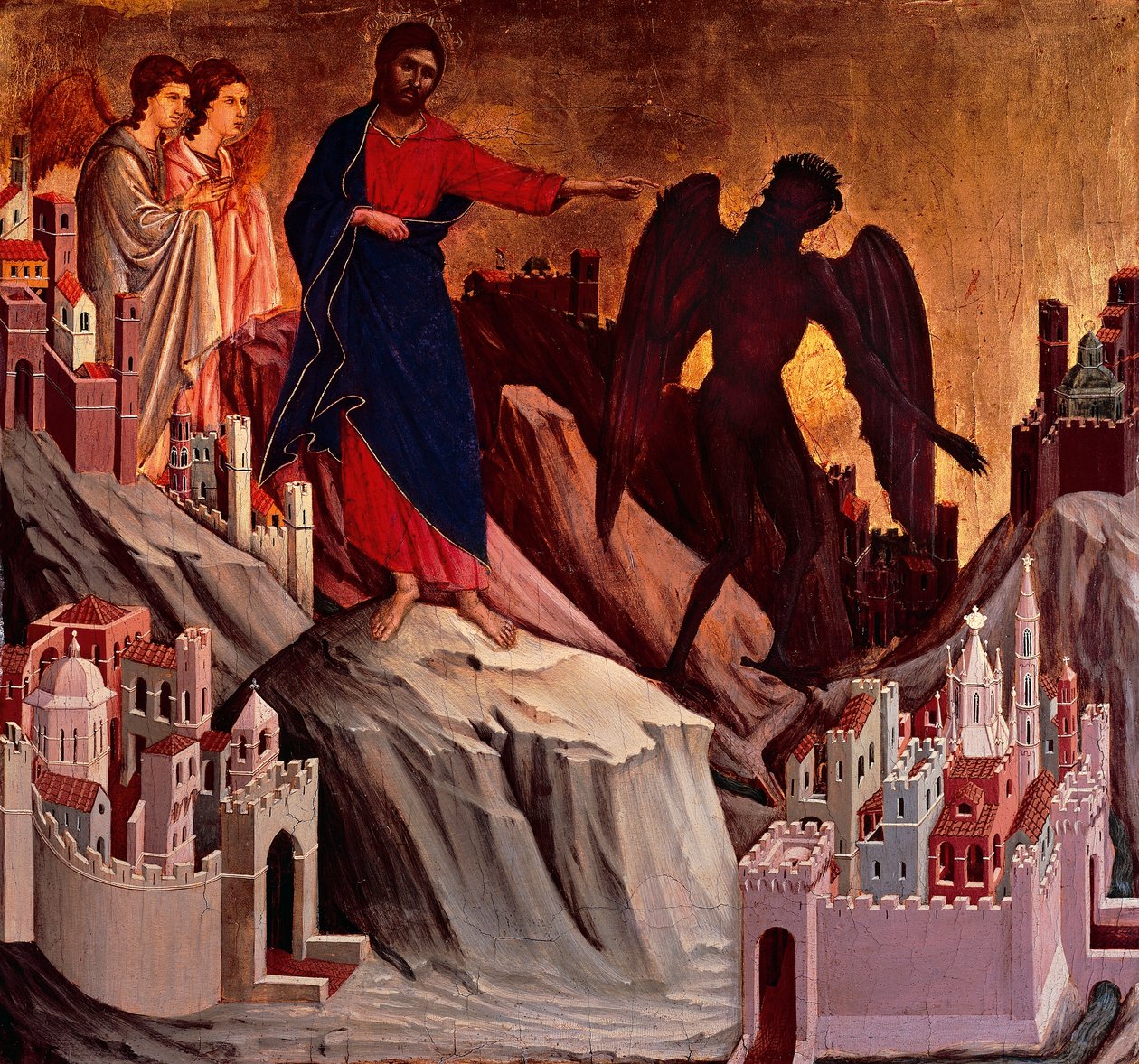Hegyi kísértés, részlet Krisztus szenvedésének és feltámadásának epizódjaiból, a sienai katedrálisban található Duccio-oltár Maesta