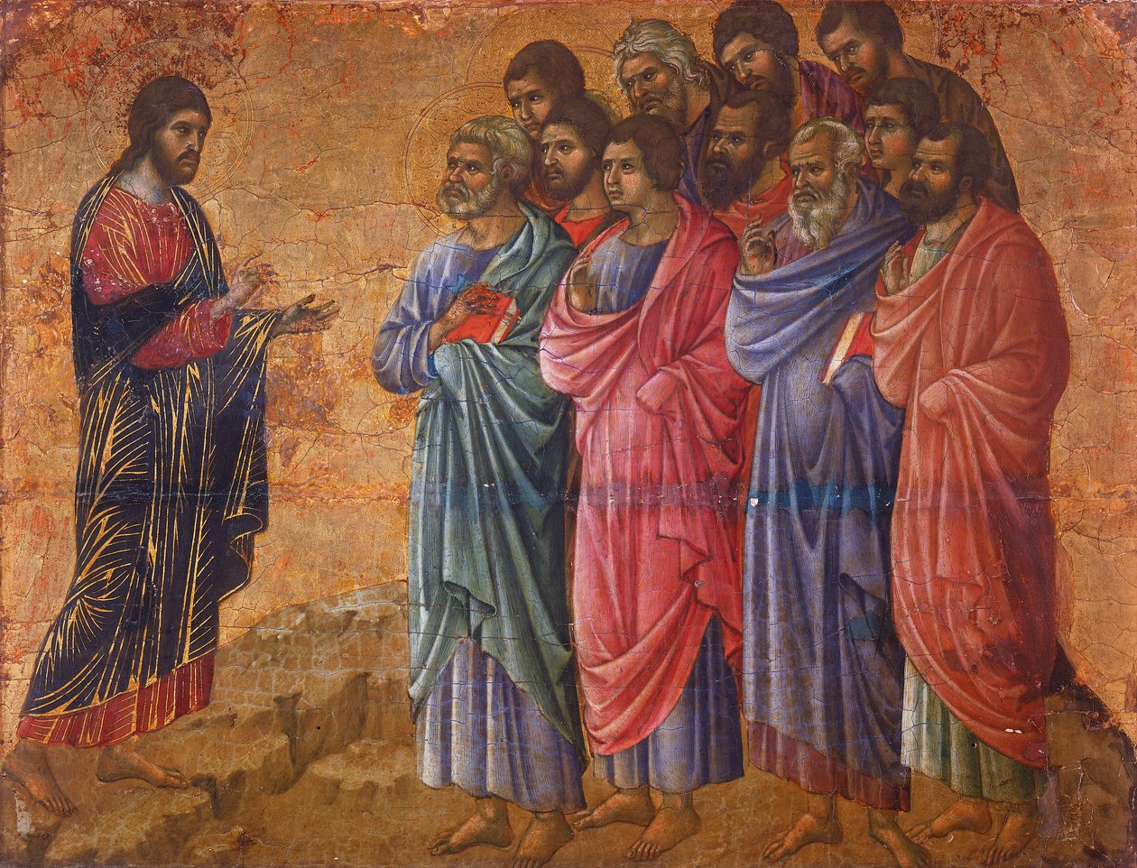 Krisztus megjelenése a hegyen Galileában, részlet Krisztus szenvedésének és feltámadásának epizódjaiból, Duccio di Buoninsegna (kb. 1255 - 1319 előtt) Duccio oltárképének hátlapja a sienai katedrálisban, tempera fán alkotó: Duccio di Buoninsegna