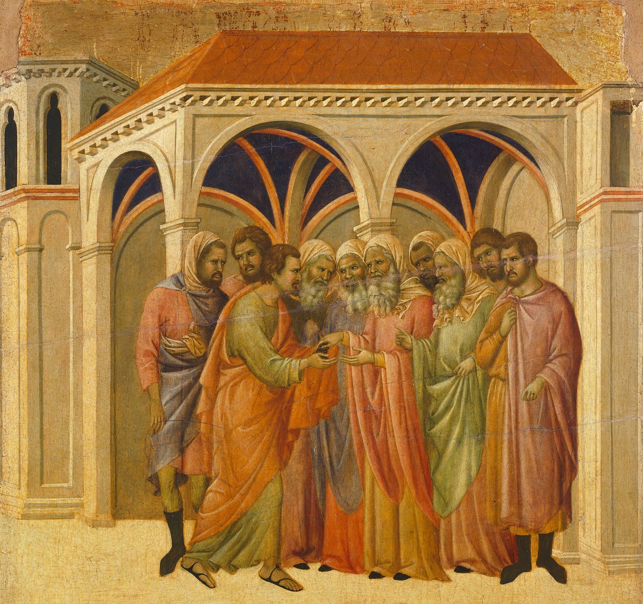 Júdás árulása, részlet a Krisztus szenvedésének és feltámadásának epizódjaiból, a Sienai katedrálisban található Duccio-oltár Maesta