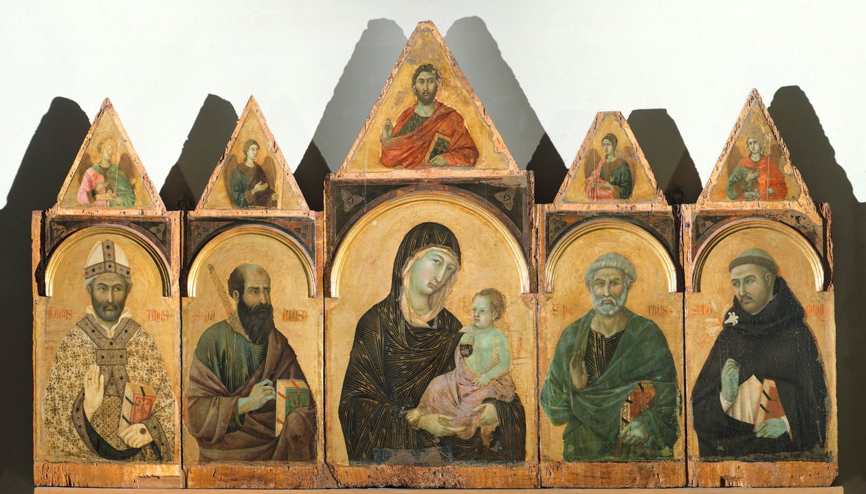 A Szent Szűz a Krisztus Gyermekével és Szent Ágoston, Pál, Péter és Domenico (vagy 28. poliptichon), 1305 körül, Duccio di Buoninsegna (kb. 1255 - 1319 előtt), tempera és arany fán alkotó: Duccio di Buoninsegna