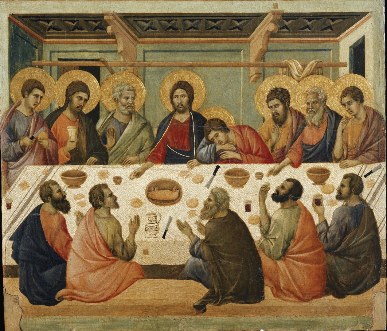 Az Úrvacsora. A Maesta oltárkép hátoldala alkotó: Duccio di Buoninsegna