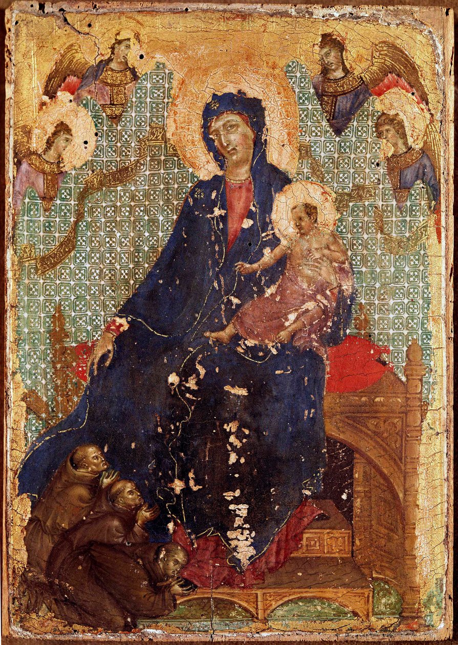 A ferencesek Madonnája vagy „Madonna gyermeket szül ferences szerzetesekkel és angyalokkal”” Detrempe fán, Duccio di Buoninsegna (1255-1318/9) 1300 Dim. 23,5x16 cm Siena, Pinacoteca nazionale alkotó: Duccio di Buoninsegna