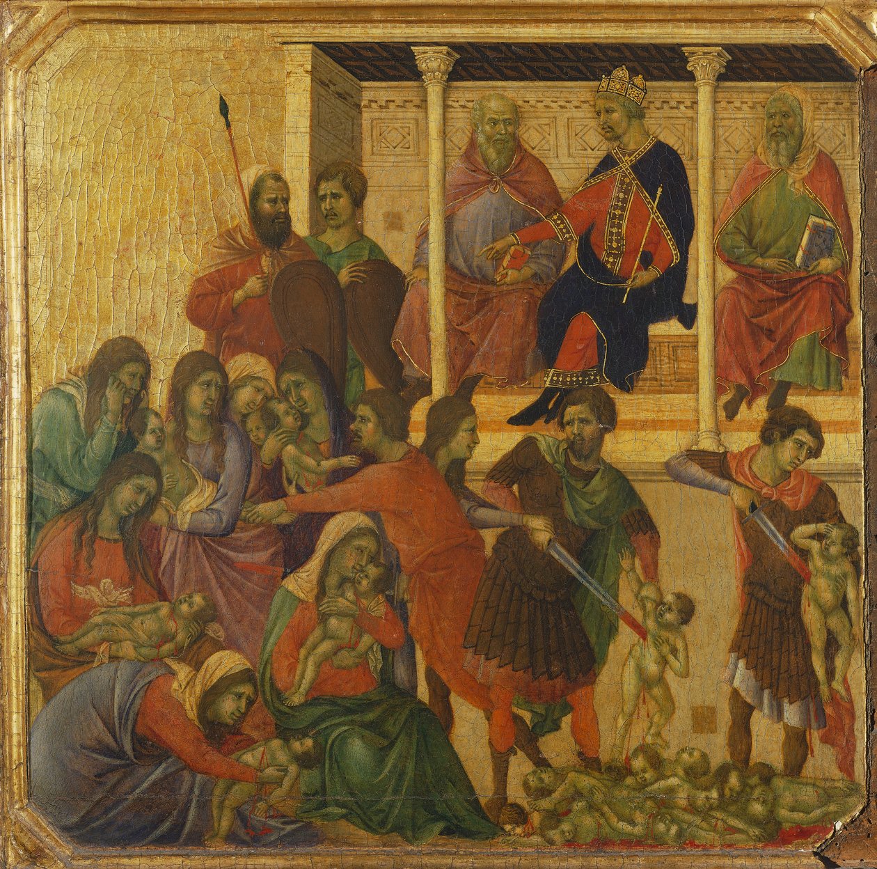 Az ártatlanok mészárlása, részlet a Sienai katedrálisban található Duccio Maesta oltárképének predellájából alkotó: Duccio di Buoninsegna
