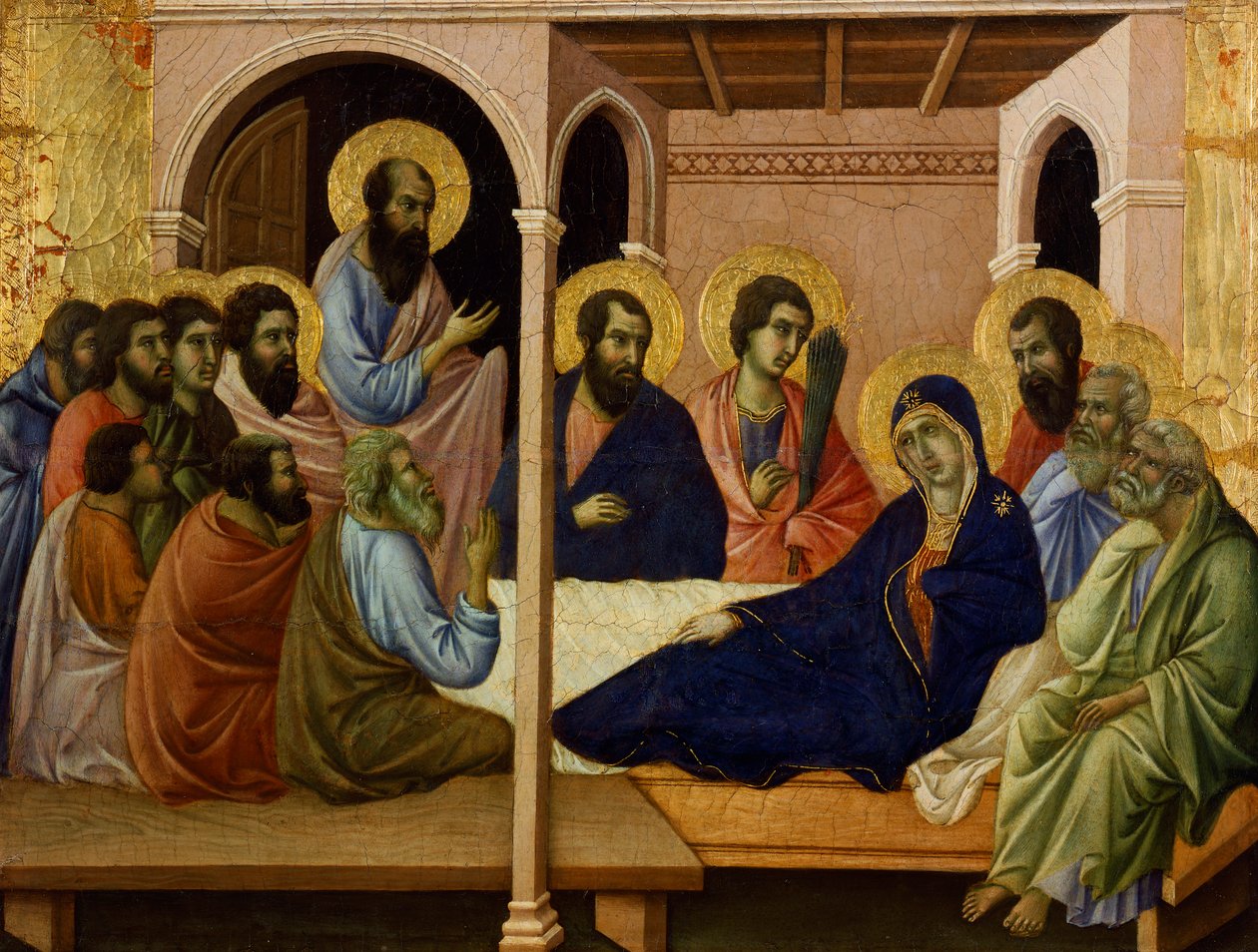 A Szűz búcsút vesz az apostoloktól, részlet a Duccio Maesta oltárképéből a sienai katedrálisban alkotó: Duccio di Buoninsegna