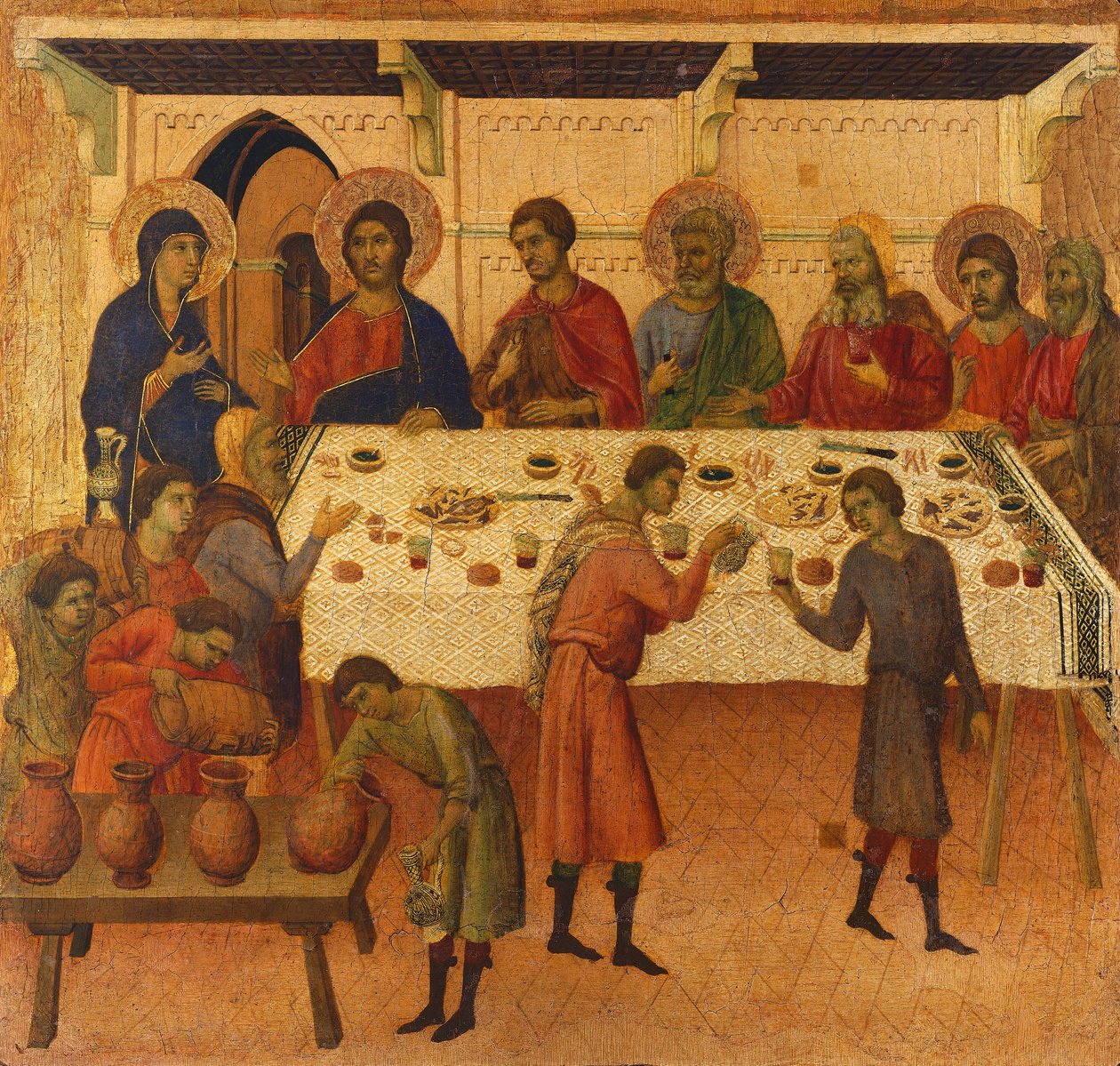 A kánai esküvő, Krisztus szenvedésének és feltámadásának epizódjaiból készült csempe részlete, a Sienai katedrálisban található Duccio-oltár Maesta