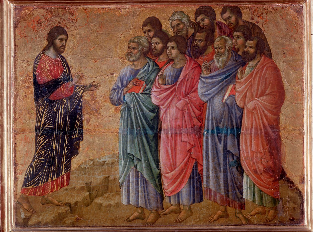 A feltámadott Krisztus megjelenése Galilea hegyeiben. Maesta oltárkép (tempera és arany fán alkotó: Duccio di Buoninsegna