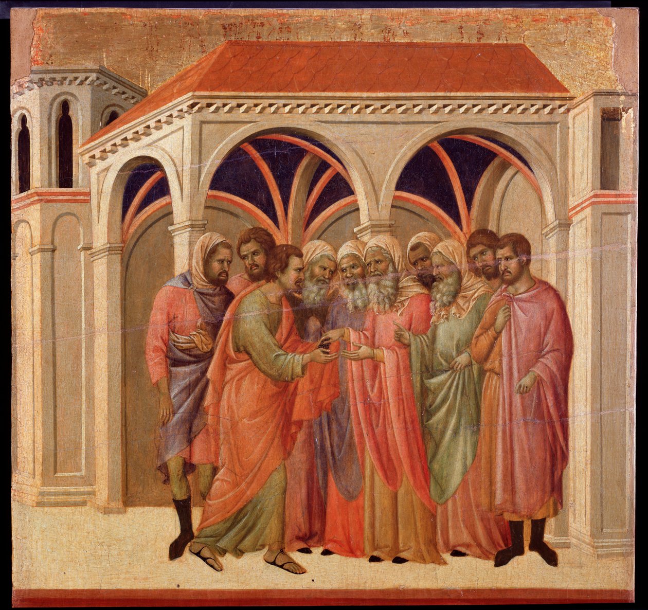 Júdás árulása. Maesta oltárkép (tempera és arany fán alkotó: Duccio di Buoninsegna