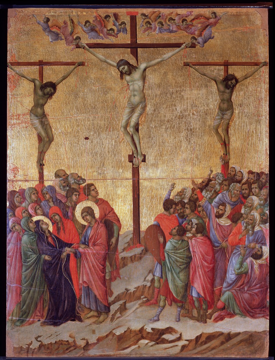 A keresztre feszítés. Az oldalakon a jó tolvaj (Dismas) és a megtérő tolvaj (Gestas). Maesta oltárkép (tempera és arany fán alkotó: Duccio di Buoninsegna