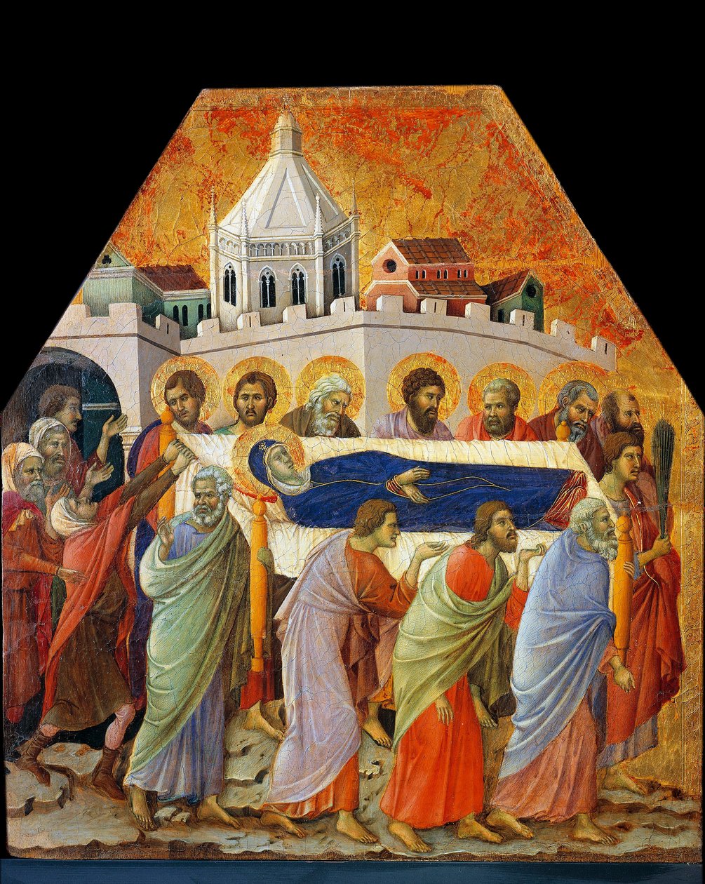 Szűzanya, pálmás Szent János temetése megnyitja az utat (tempera fán alkotó: Duccio di Buoninsegna