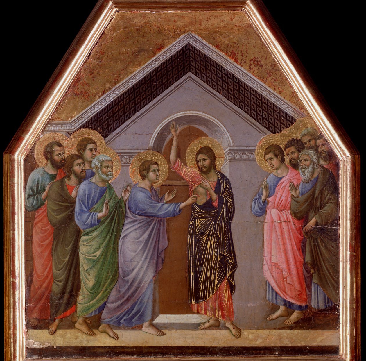Szent Tamás hitetlensége. Maesta oltárkép - (tempera és arany fán alkotó: Duccio di Buoninsegna