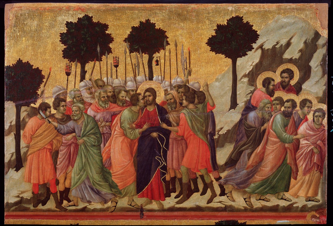 Júdás csókja és Jézus elfogása. Maesta oltárkép (tempera fán alkotó: Duccio di Buoninsegna