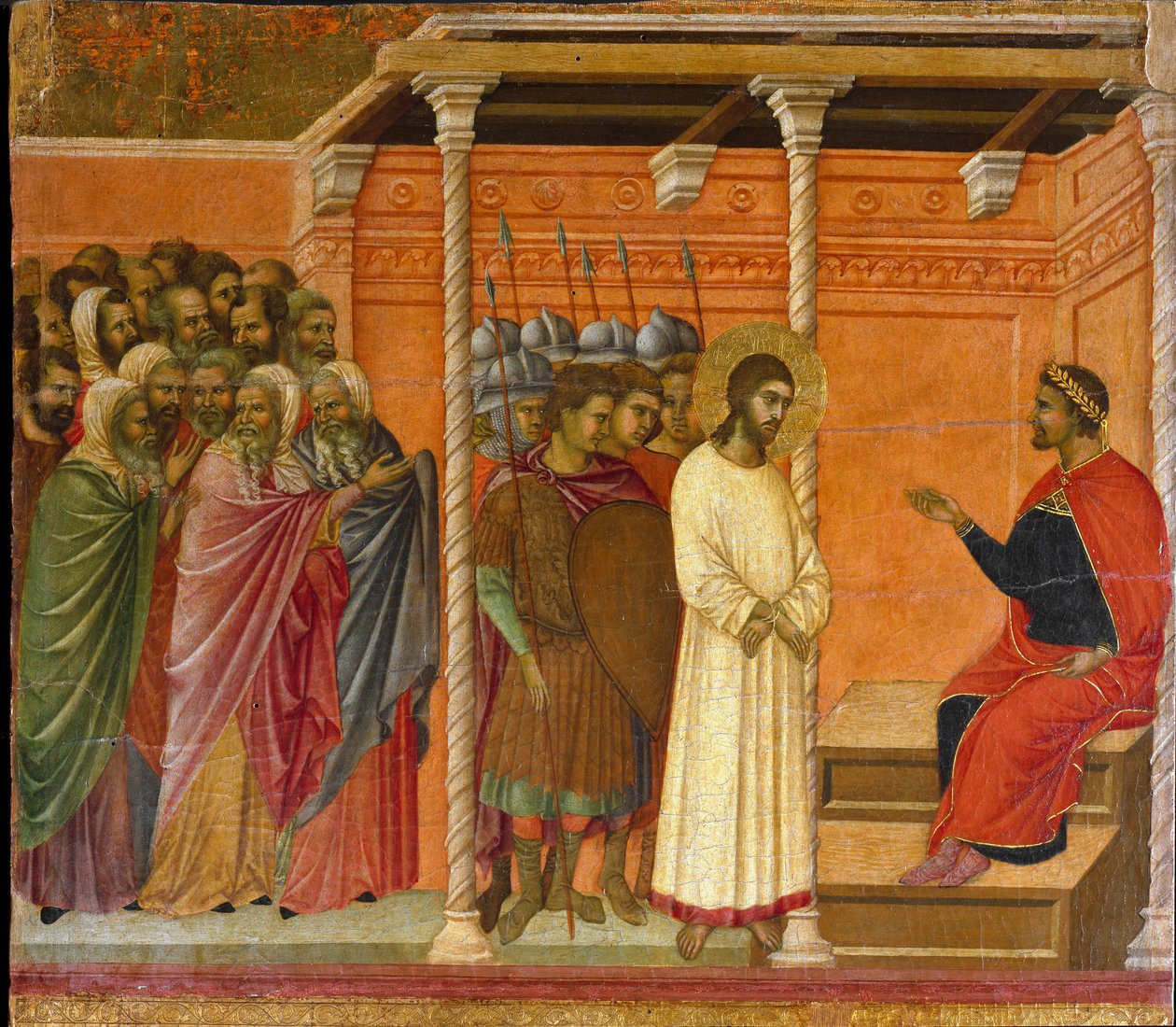 Pontius Pilátus Krisztus második kihallgatása – A Maesta oltárkép hátulja alkotó: Duccio di Buoninsegna