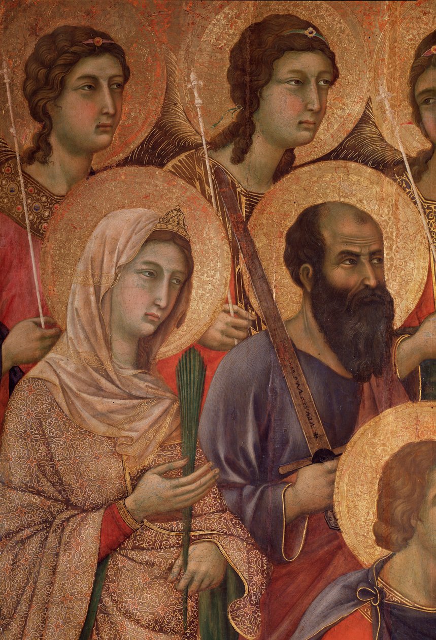 Szűz és gyermek a trónon, részlet Alexandriai Szent Katalinnal és Szent Pállal. (La Maesta) (tempera és arany fán alkotó: Duccio di Buoninsegna