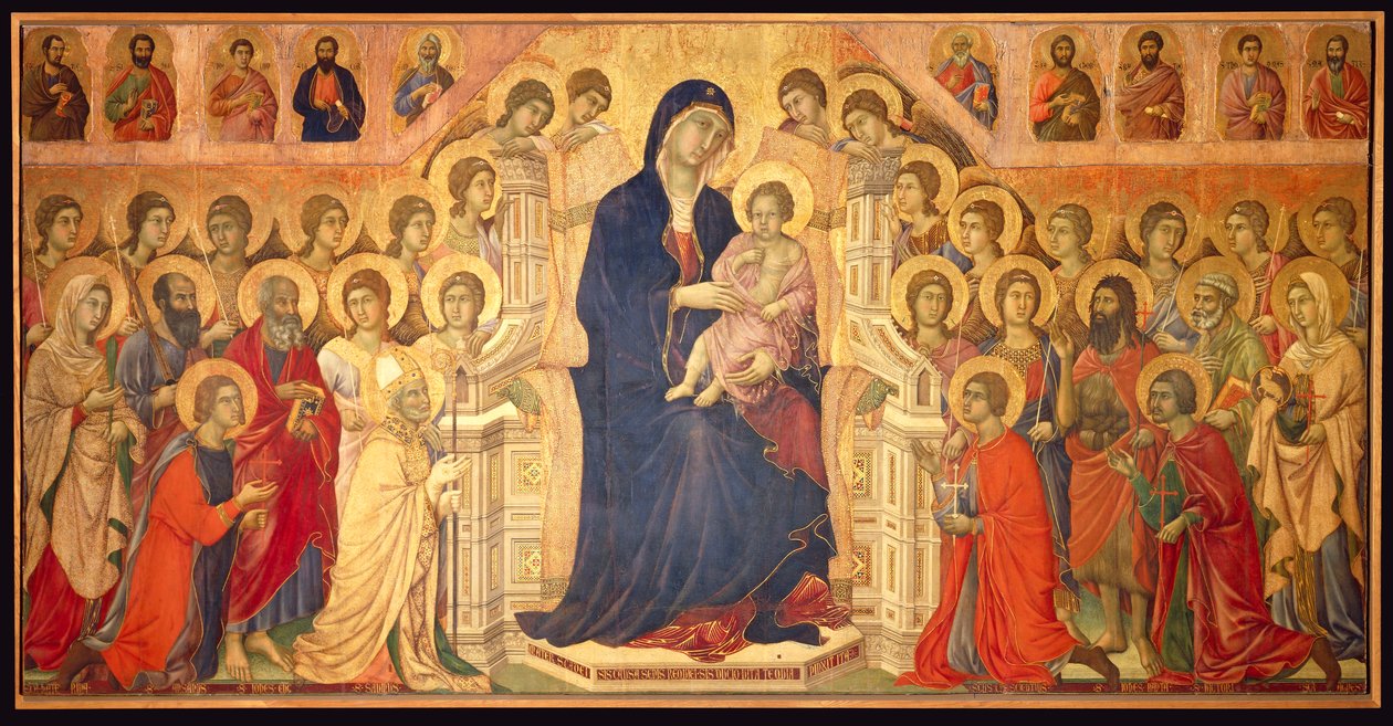 Szűz a gyermekkel trónol, angyalokkal és szentekkel körülvéve, a Maesta központi táblája alkotó: Duccio di Buoninsegna