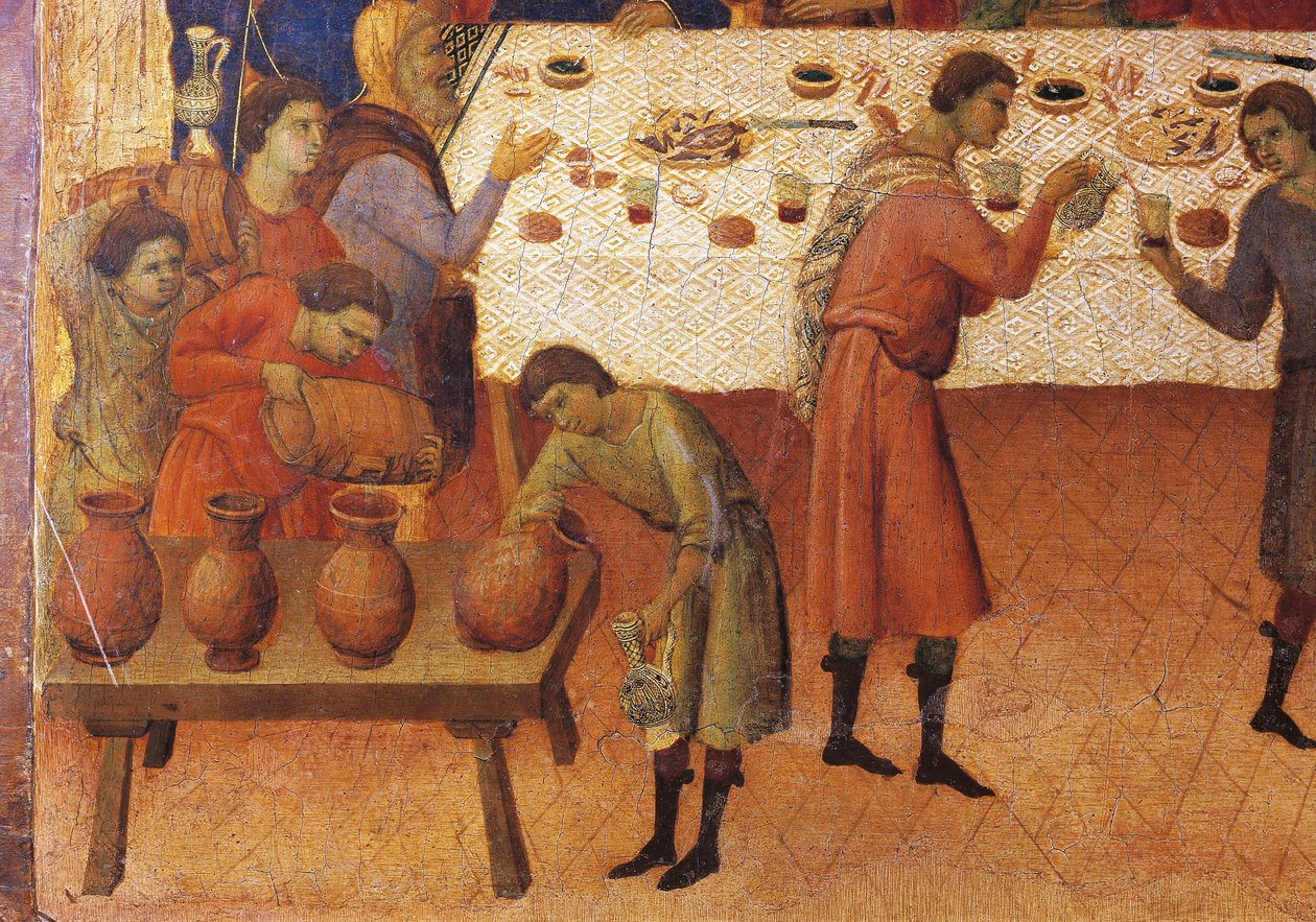 Esküvő Kánában, csempék részlete Krisztus szenvedésének és feltámadásának epizódjaiból, a Sienai katedrálisban található Duccio-oltár Maesta