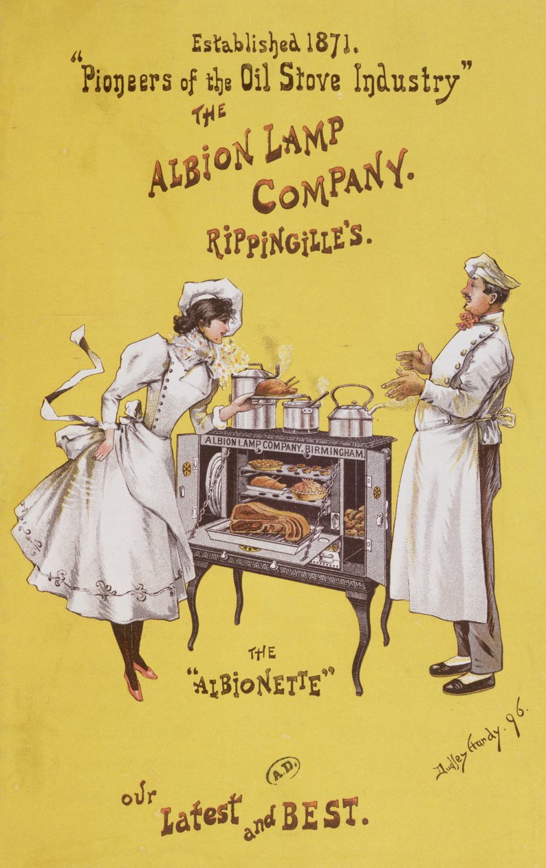 Reklám az "Albionette" sütőhöz, amelyet a "The Albion Lamp Company" gyártott, 1896. alkotó: Dudley Hardy