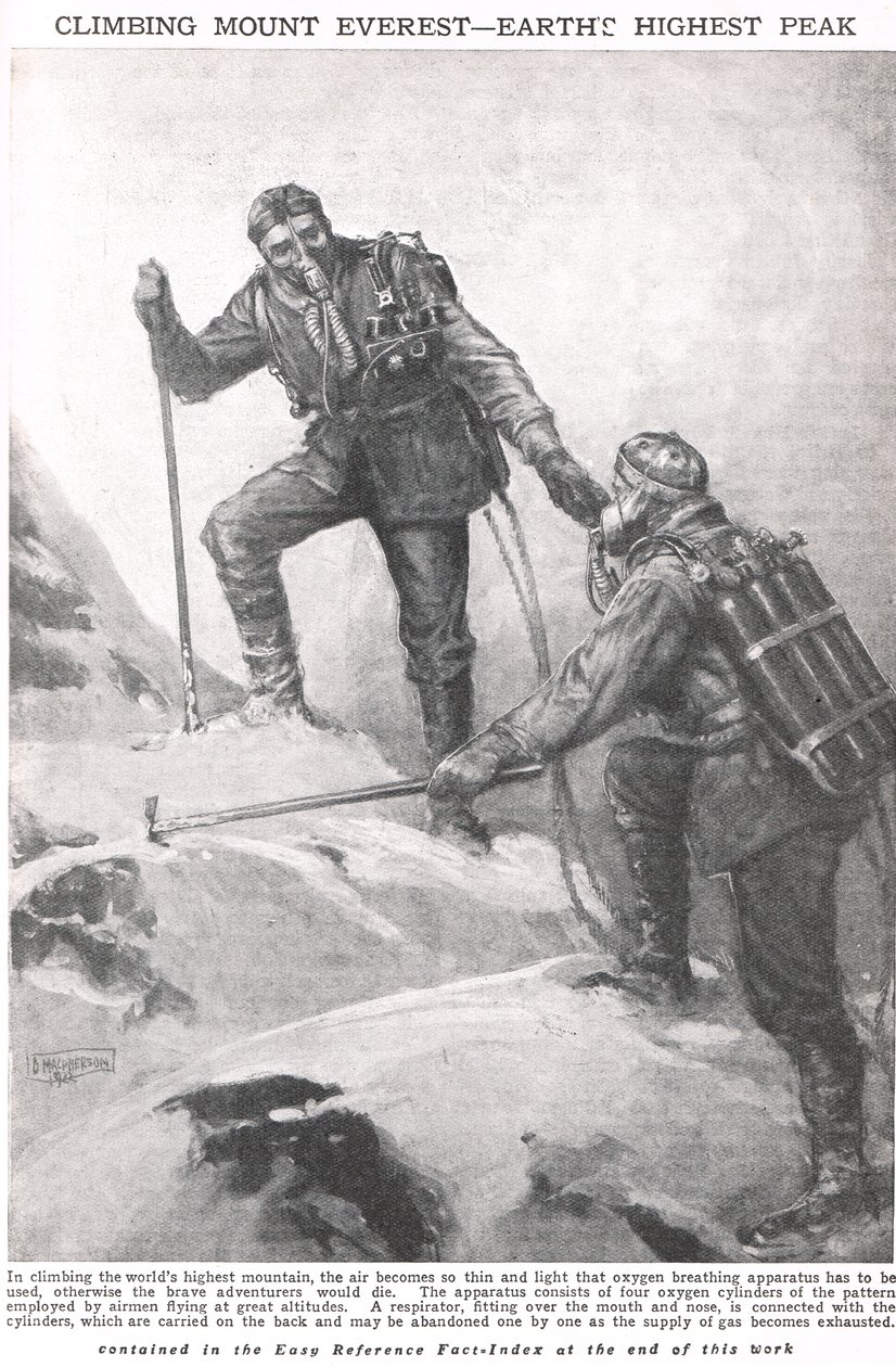 A Mount Everest megmászása, illusztráció a Newnes Képes Tudáskönyvből, 1920 körül alkotó: Duncan McPherson